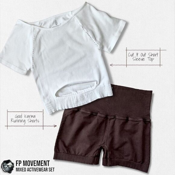 FP MOVEMENT IVORY CUT IT OUT SHORT SLEEVE TOP + FUDGE GOOD KARMA RUNNING SHORTS - Picture 1 of 16